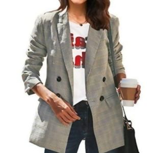 LookbookStore Women's Casual Khaki Check Plaid Loose Buttons Work Office Busines
